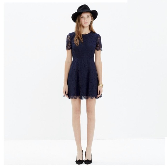 Madewell Navy Blue Lace Floral Sheer Sleeves Dress - Picture 2 of 7